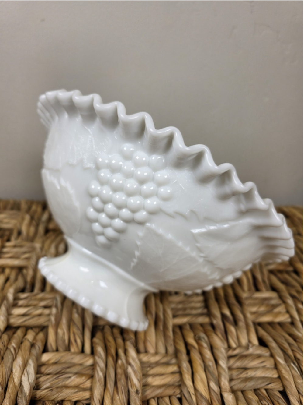 VTG Milk Glass Grape Leaf Pedestal Compote Bowl 10" Ruffled Crimped Edge White